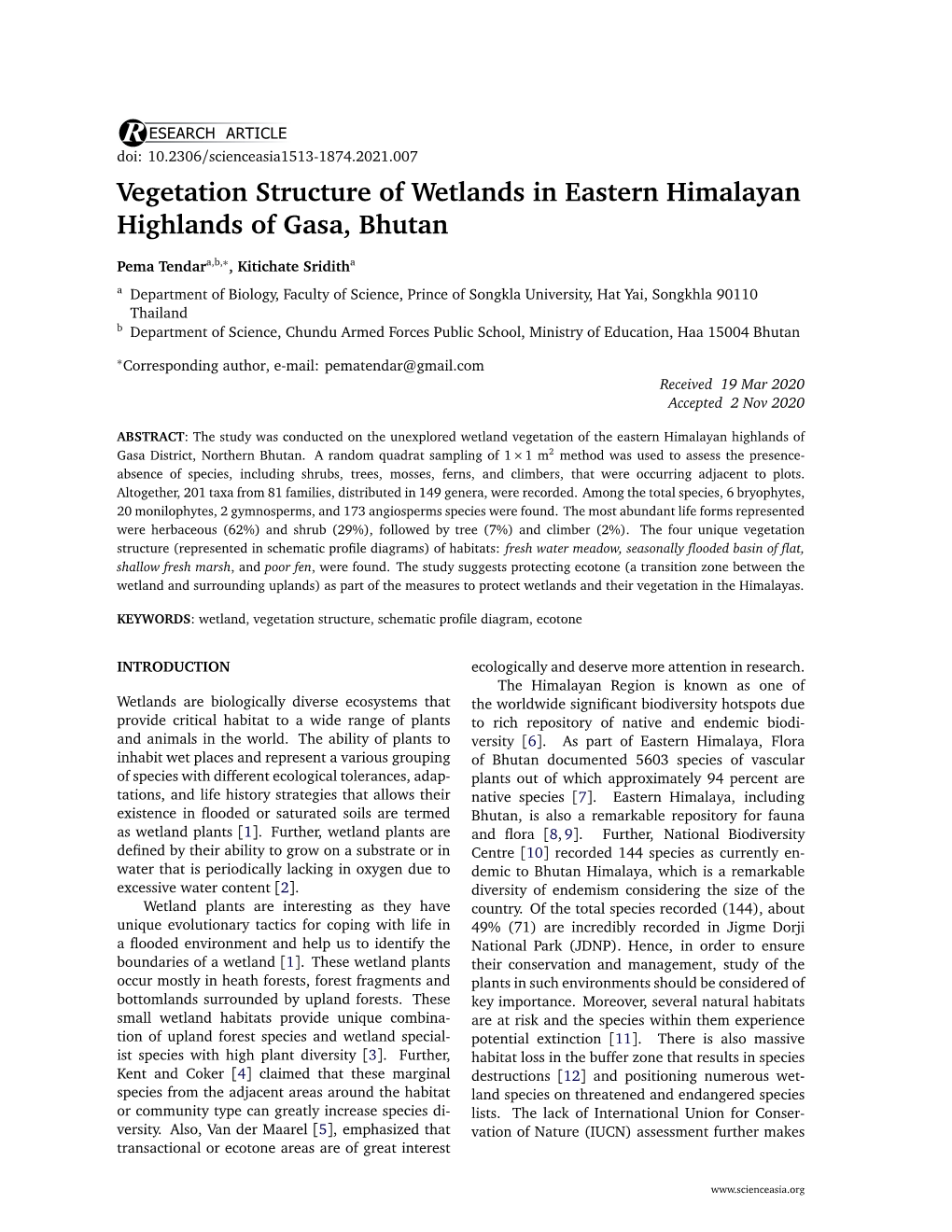 Vegetation Structure of Wetlands in Eastern Himalayan Highlands of Gasa, Bhutan