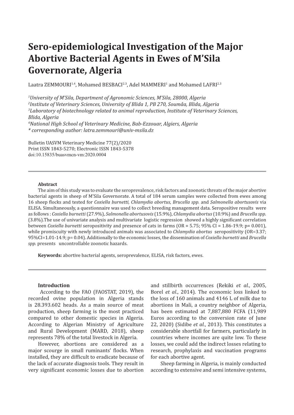 Sero-Epidemiological Investigation of the Major Abortive Bacterial Agents in Ewes of M’Sila Governorate, Algeria