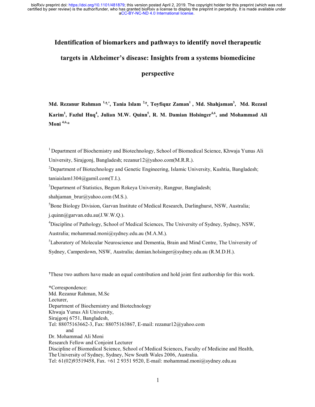 Identification of Biomarkers and Pathways to Identify Novel Therapeutic