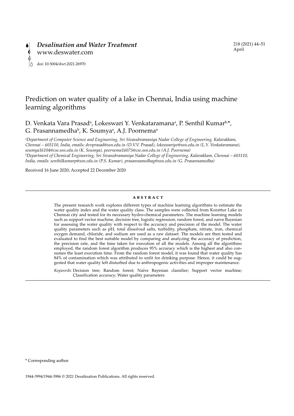 Prediction on Water Quality of a Lake in Chennai, India Using Machine Learning Algorithms