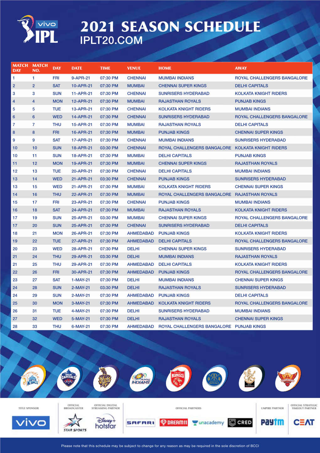 2021 Season Schedule Iplt20.Com