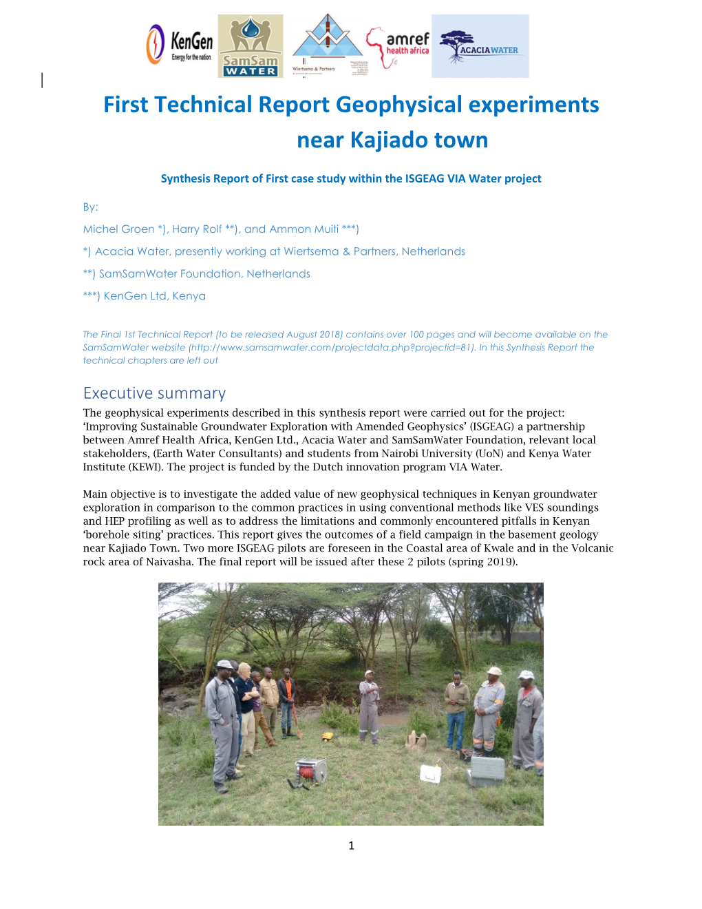 First Technical Report Geophysical Experiments Near Kajiado Town