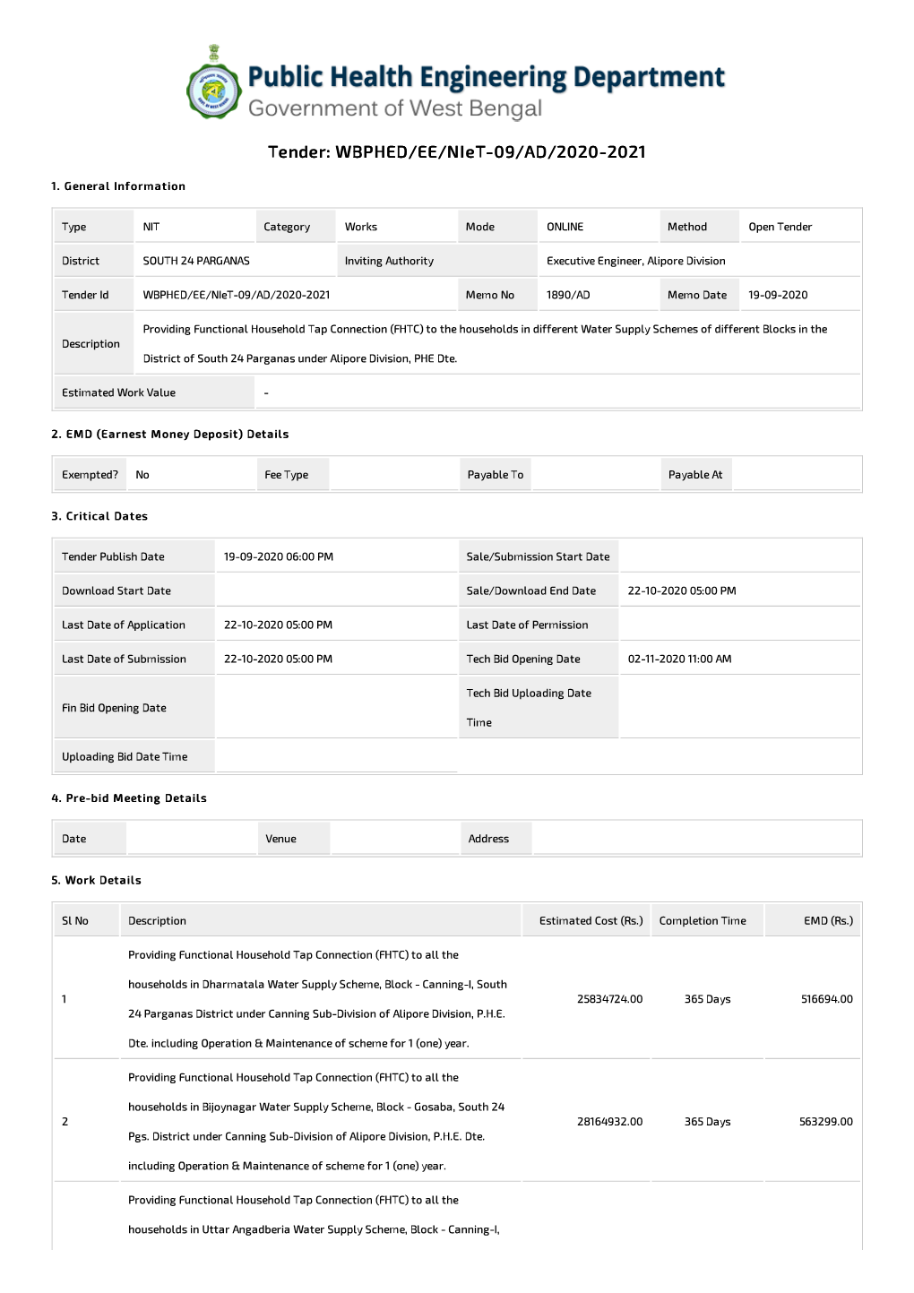 Tender: WBPHED/EE/Niet-09/AD/2020-2021 1