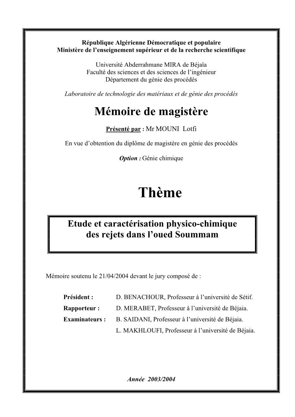 Etude Et Caractérisation Physico-Chimique Des Rejets Dans L'oued Soummam Par Mouni Lotfi.Pdf