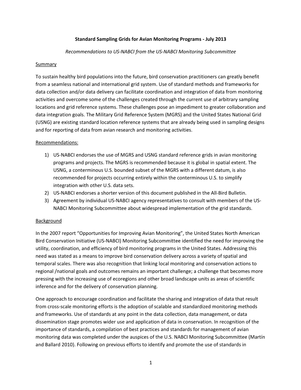 Standard Sampling Grids for Avian Monitoring Programs - July 2013