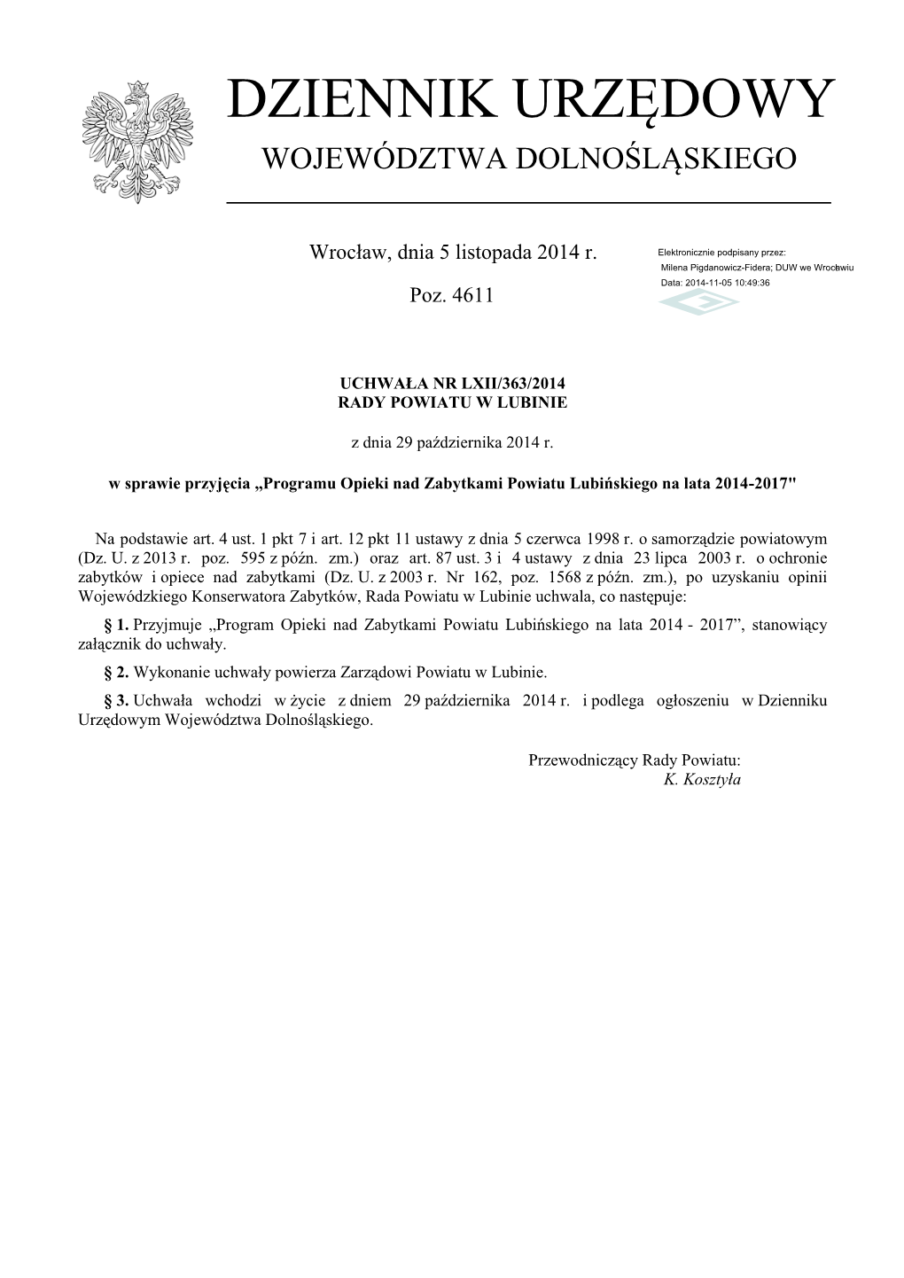 Uchwała Nr LXII/363/2014 Z Dnia 29 Października 2014 R