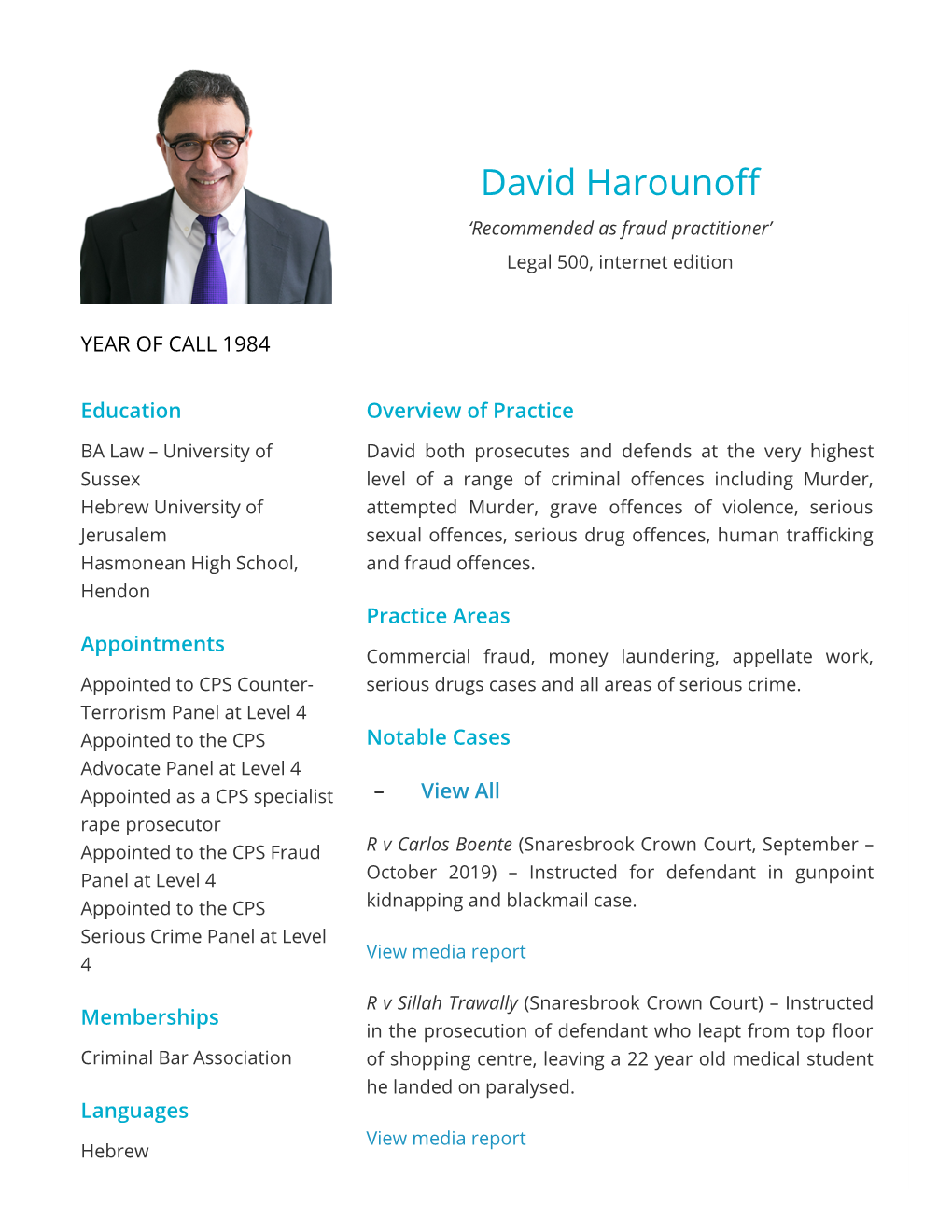 David Harouno� ‘Recommended As Fraud Practitioner’ Legal 500, Internet Edition