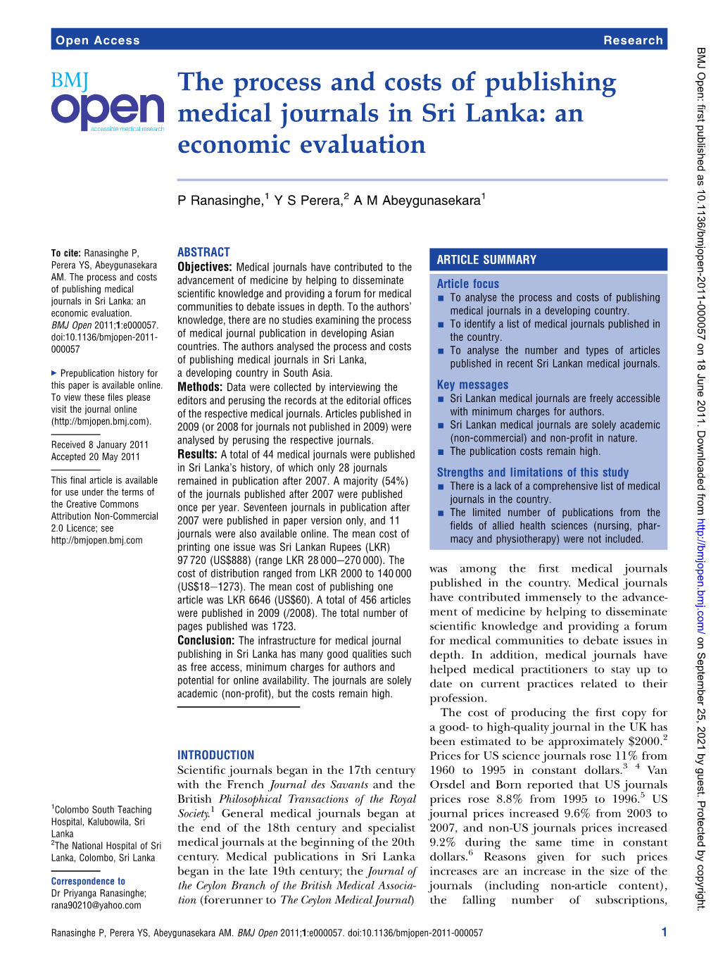 The Process and Costs of Publishing Medical Journals in Sri Lanka: an Economic Evaluation