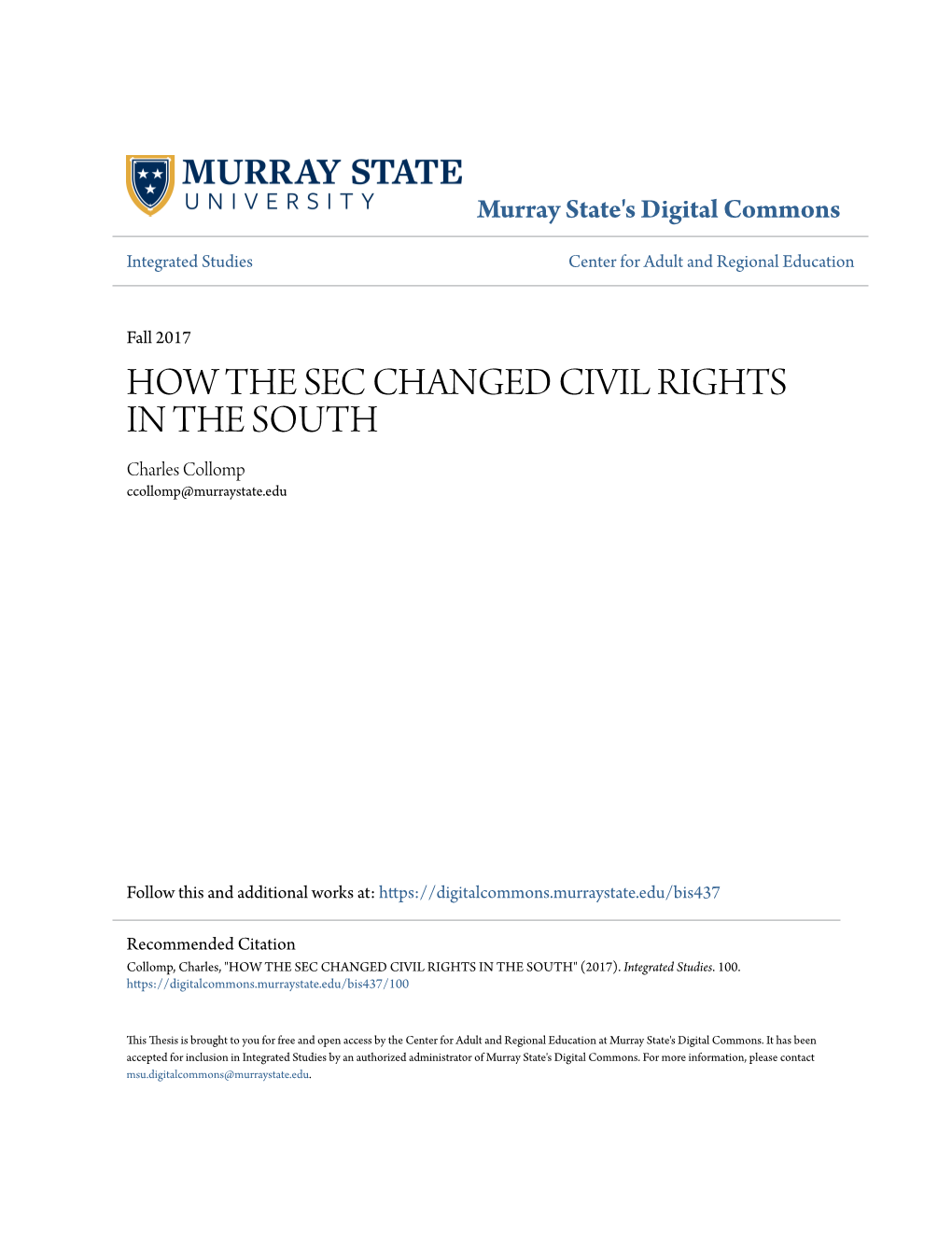 HOW the SEC CHANGED CIVIL RIGHTS in the SOUTH Charles Collomp Ccollomp@Murraystate.Edu