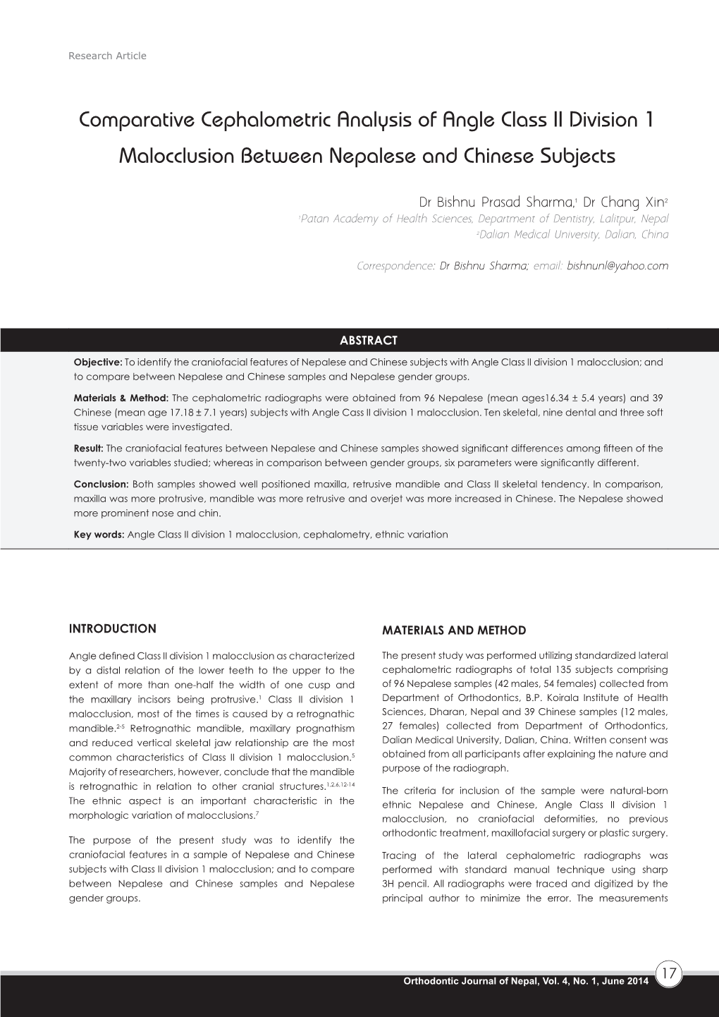 Comparative Cephalometric Analysis of Angle Class II Division 1 Malocclusion Between Nepalese and Chinese Subjects