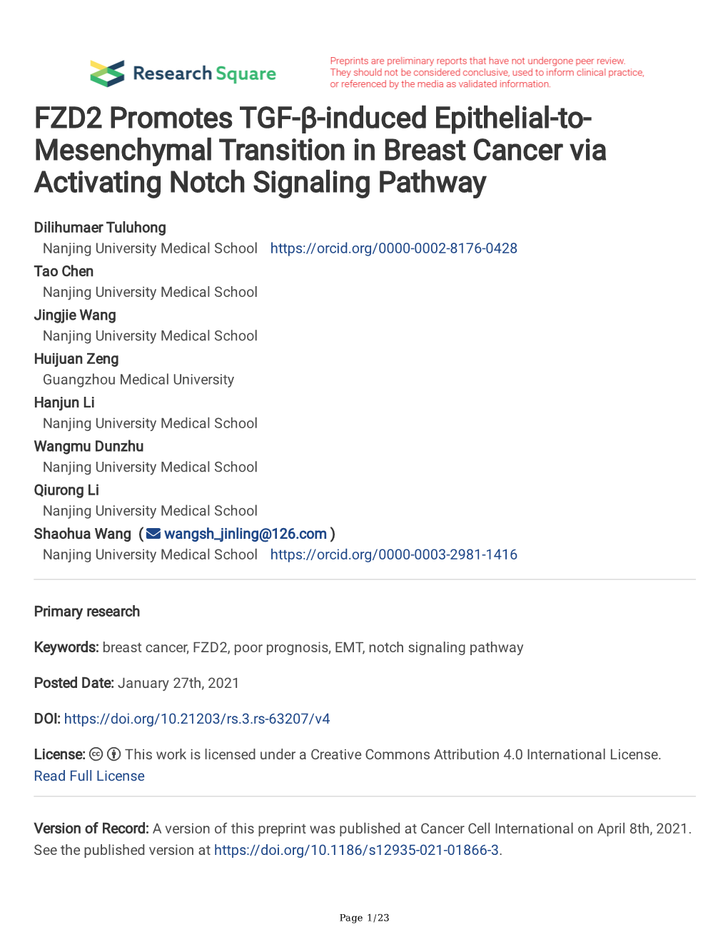 FZD2 Promotes TGF-Β-Induced Epithelial-To- Mesenchymal Transition in Breast Cancer Via Activating Notch Signaling Pathway