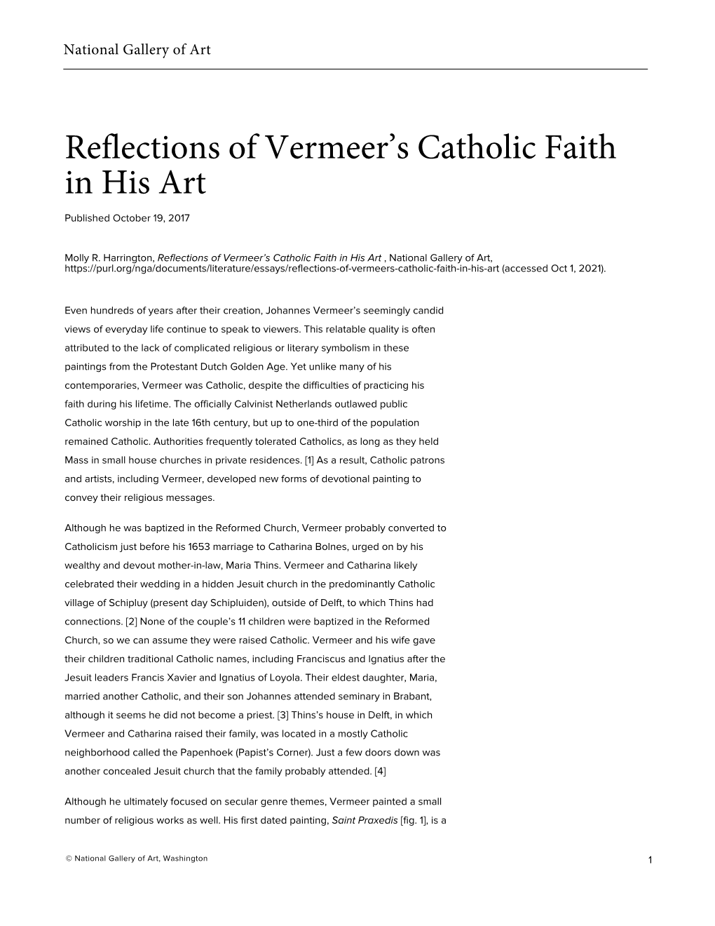 Reflections of Vermeer's Catholic Faith in His