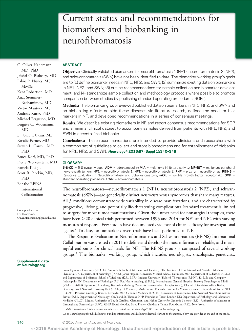 Current Status and Recommendations for Biomarkers and Biobanking in Neurofibromatosis