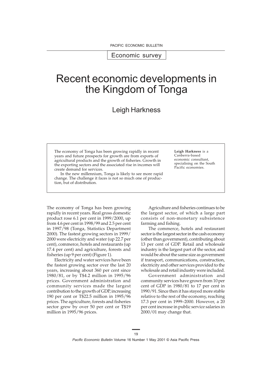 Recent Economic Developments in the Kingdom of Tonga