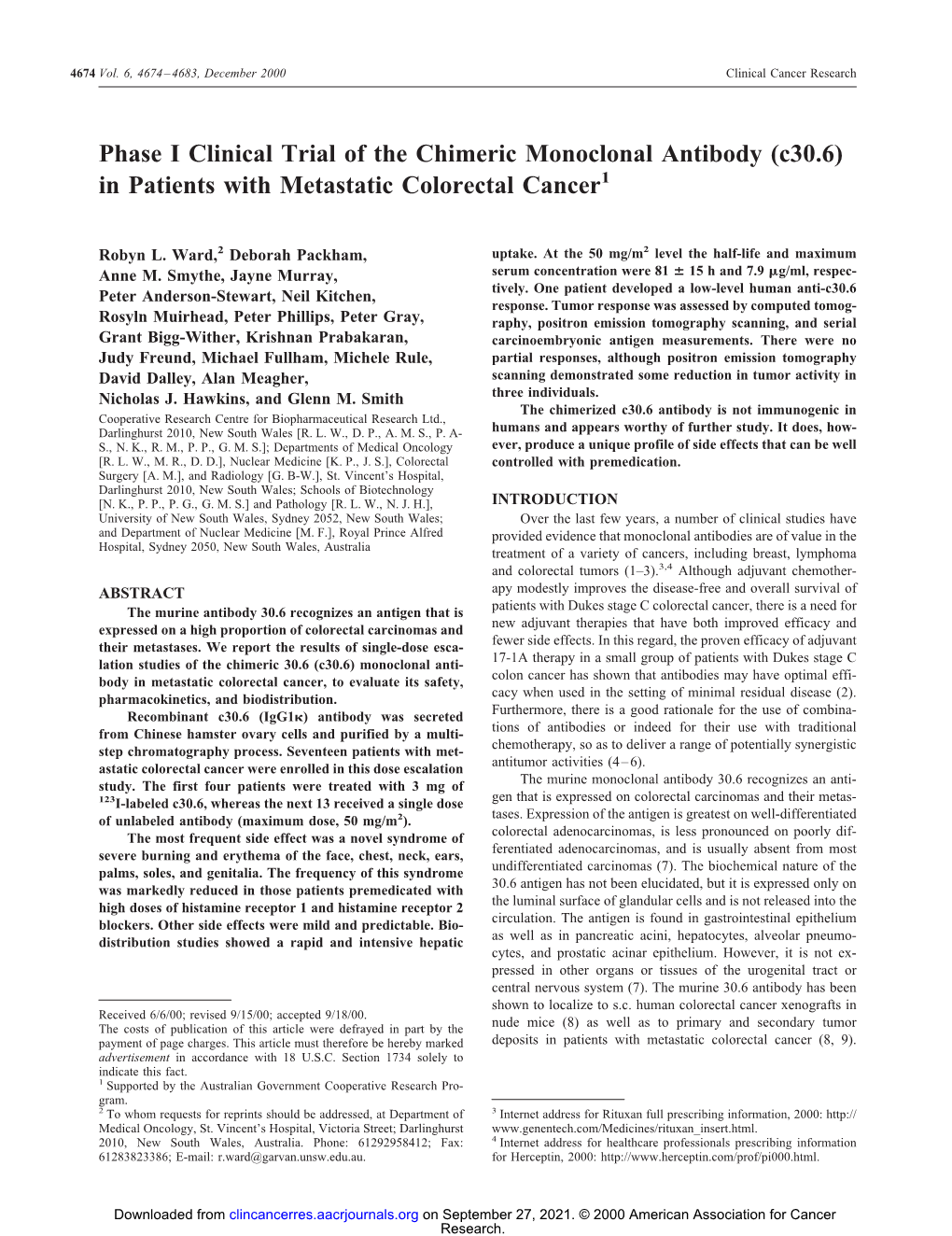 Phase I Clinical Trial of the Chimeric Monoclonal Antibody (C30.6) in Patients with Metastatic Colorectal Cancer1