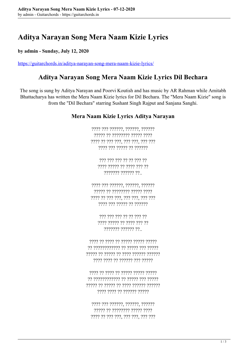 Aditya Narayan Song Mera Naam Kizie Lyrics - 07-12-2020 by Admin - Guitarchords