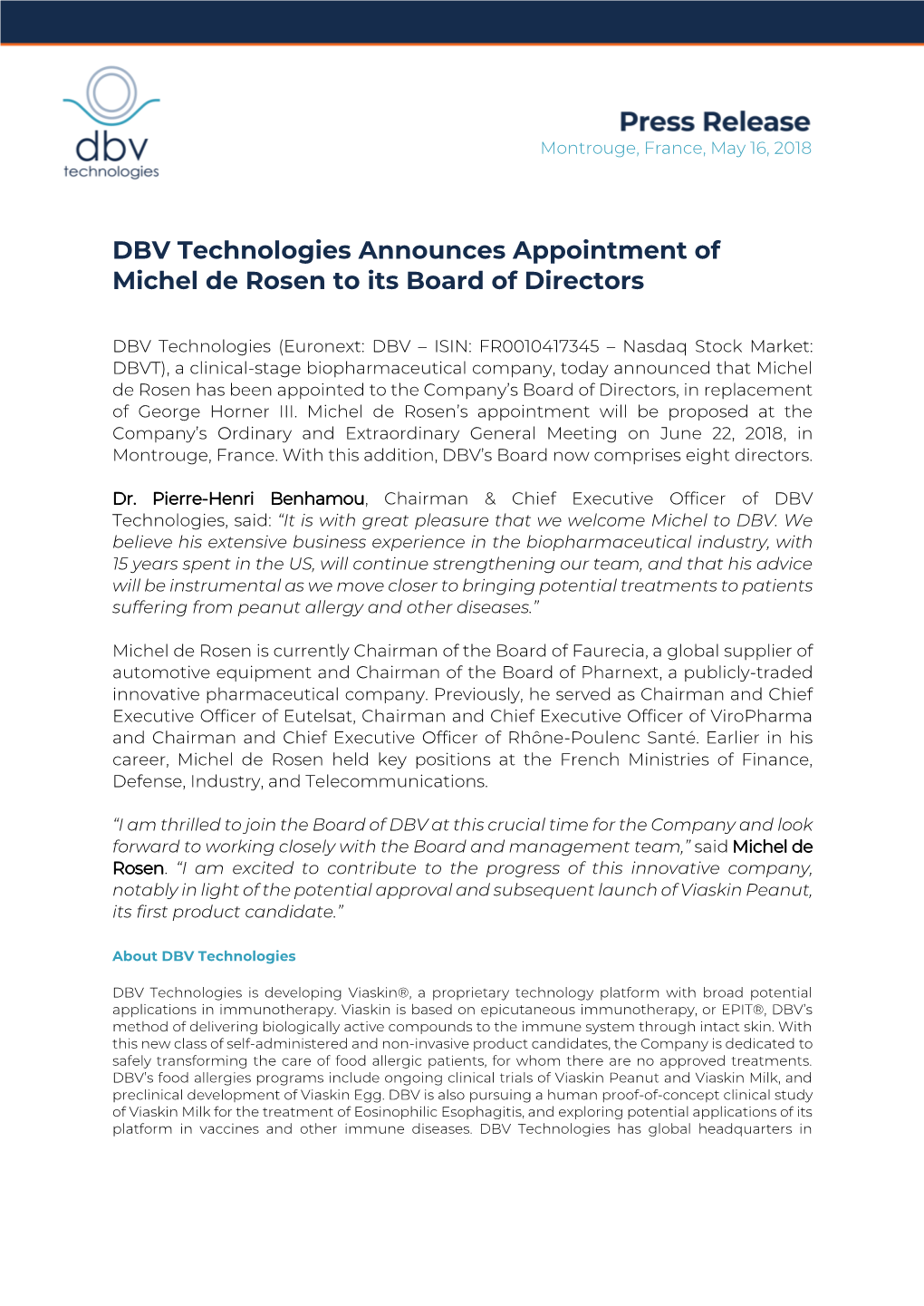 DBV Technologies Announces Appointment of Michel De Rosen to Its Board of Directors