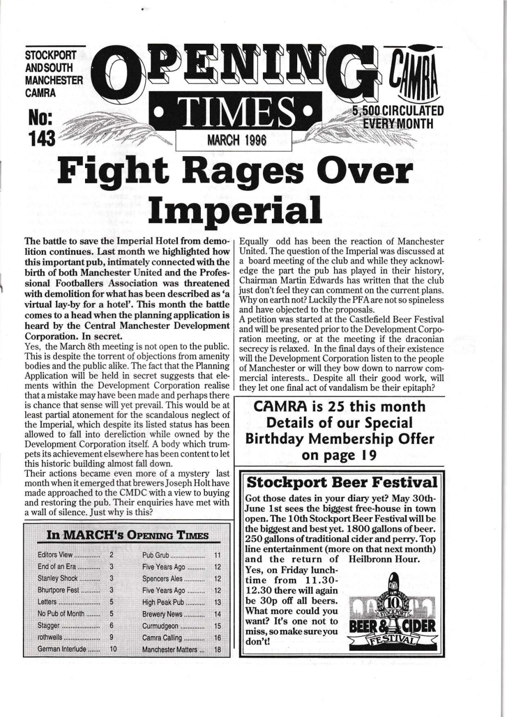 No: 143 Fight Rages Over Imperial the Battle to Save the Imperial Hotel from Demo- Equally Odd Has Been the Reaction of Manchester Lition Continues