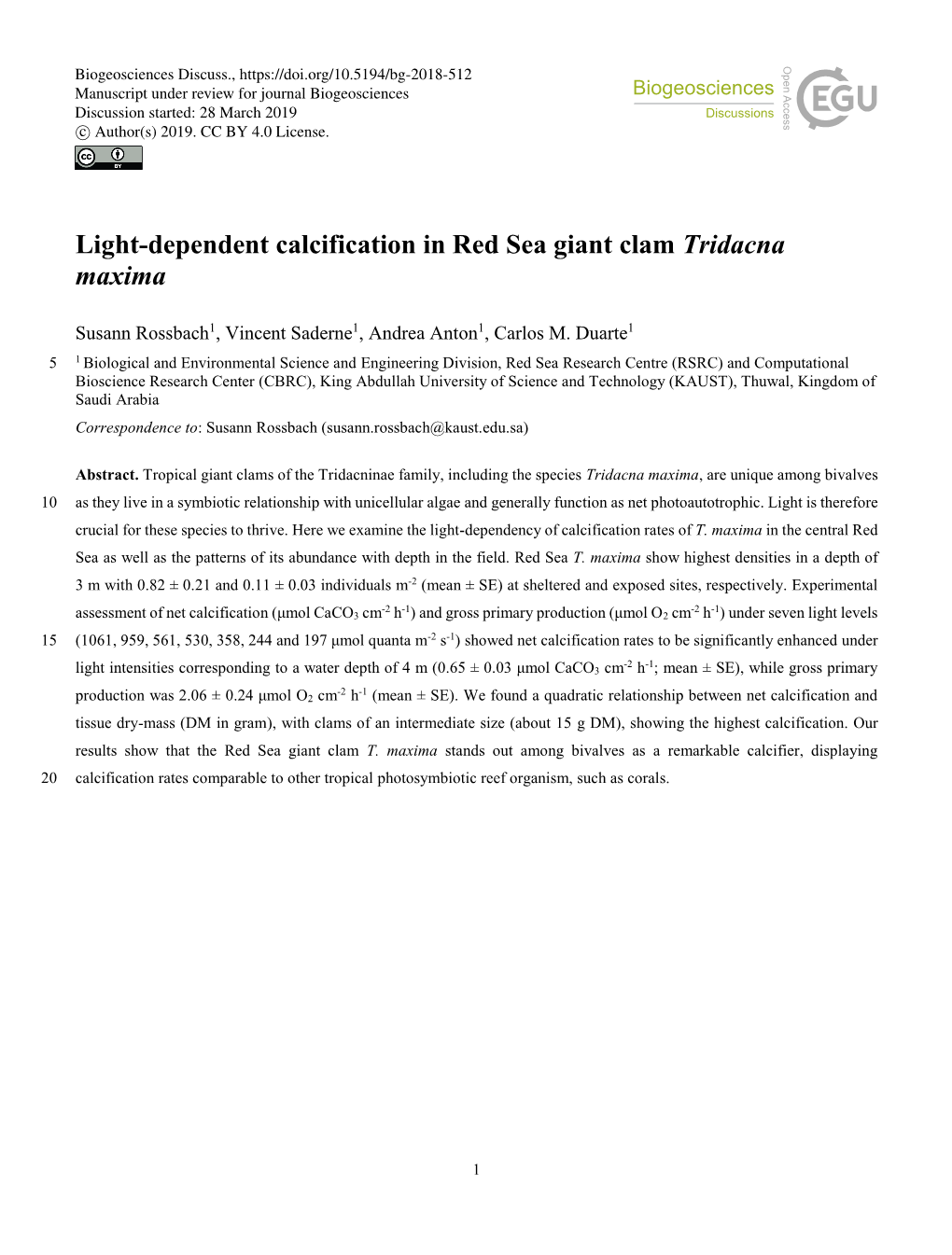 Light-Dependent Calcification in Red Sea Giant Clam Tridacna Maxima