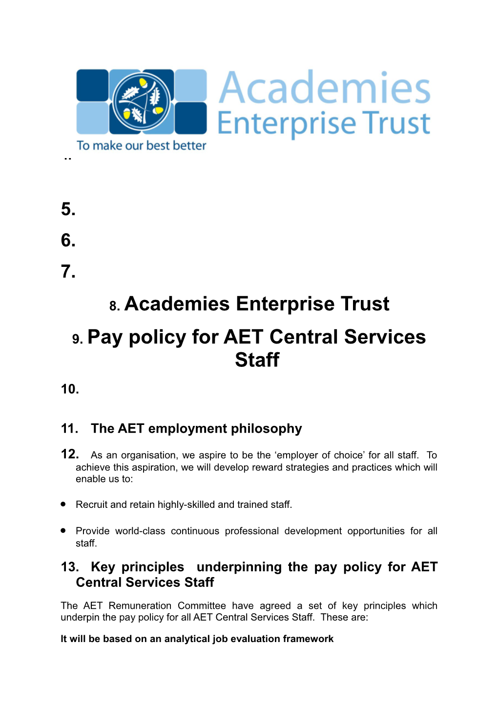 Pay Policy for AET Central Services Staff