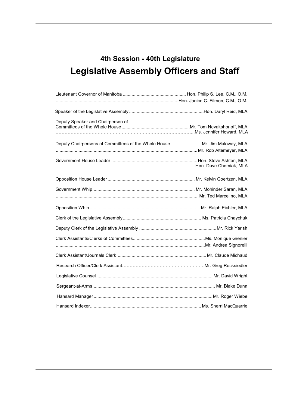 Legislative Assembly Officers and Staff