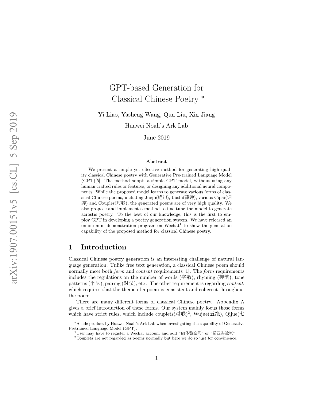 GPT-Based Generation for Classical Chinese Poetry ∗