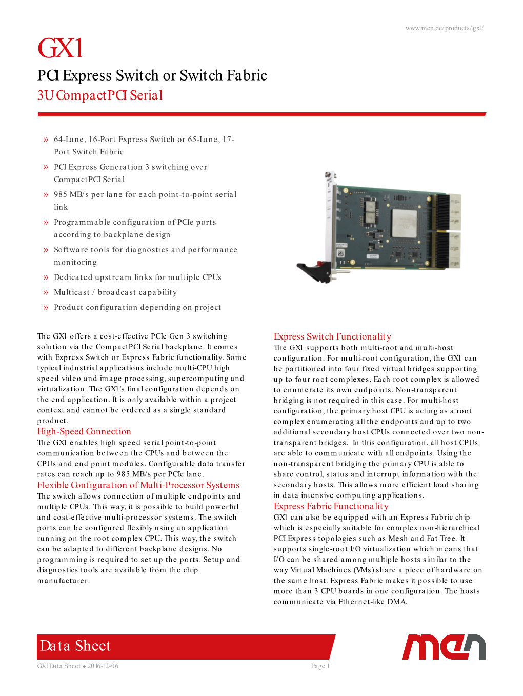 Gx1/ GX1 PCI Express Switch Or Switch Fabric 3U Compactpci Serial