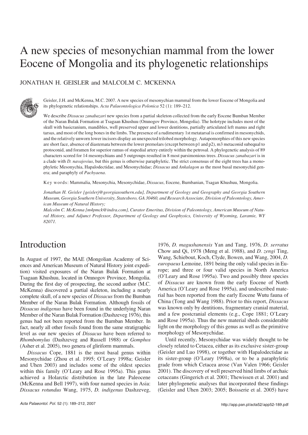 A New Species of Mesonychian Mammal from the Lower Eocene of Mongolia and Its Phylogenetic Relationships