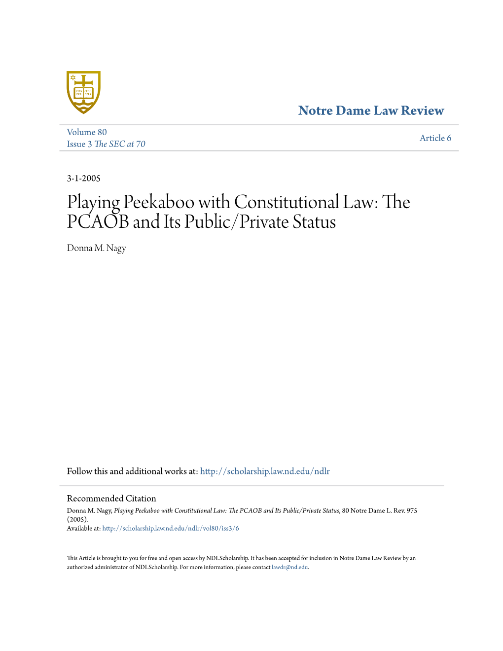 Playing Peekaboo with Constitutional Law: the PCAOB and Its Public/Private Status Donna M