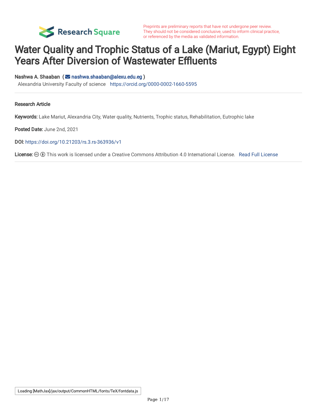 Mariut, Egypt) Eight Years After Diversion of Wastewater Efuents