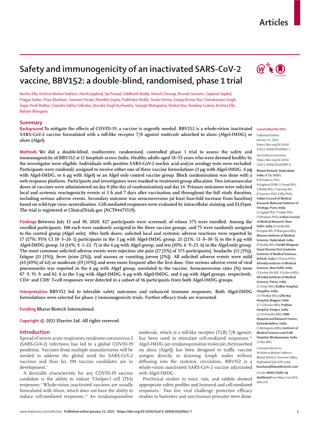 Safety and Immunogenicity of an Inactivated SARS-Cov-2 Vaccine, BBV152: a Double-Blind, Randomised, Phase 1 Trial