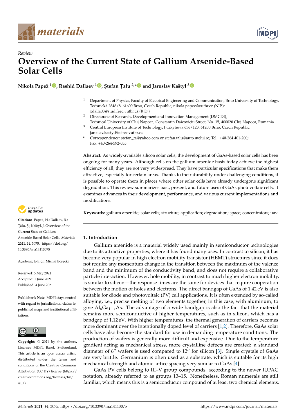 Overview of the Current State of Gallium Arsenide-Based Solar Cells