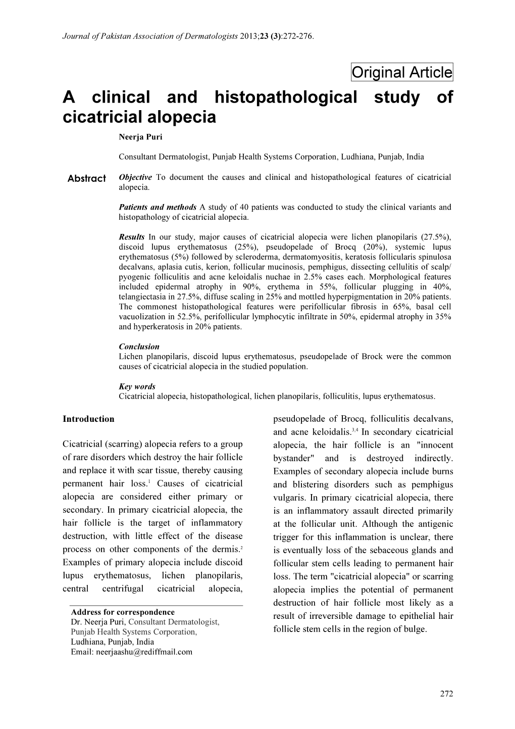 A Clinical and Histopathological Study of Cicatricial Alopecia Neerja Puri