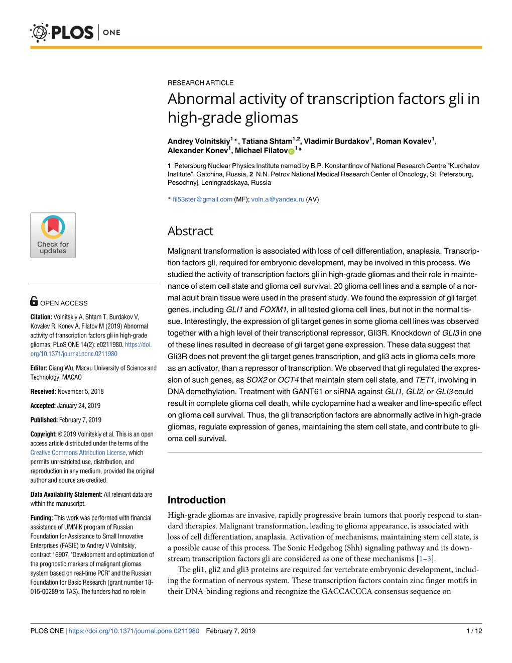 Abnormal Activity of Transcription Factors Gli in High-Grade Gliomas