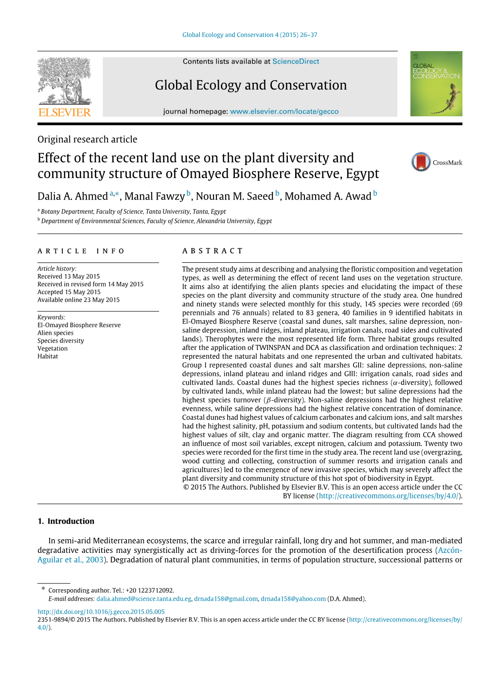 Effect of the Recent Land Use on the Plant Diversity and Community Structure of Omayed Biosphere Reserve, Egypt