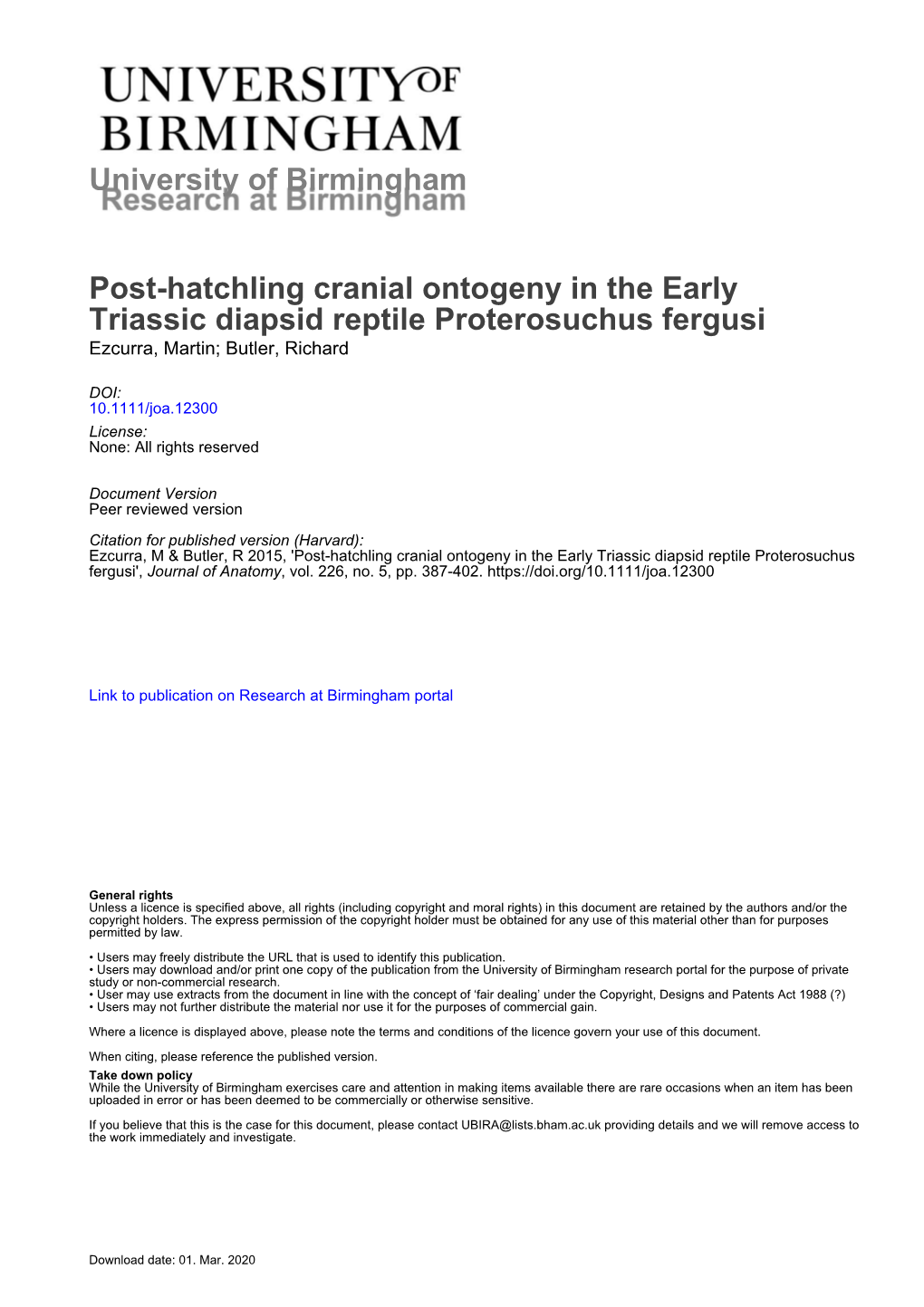 Post-Hatchling Cranial Ontogeny in the Early Triassic Diapsid Reptile Proterosuchus Fergusi Ezcurra, Martin; Butler, Richard