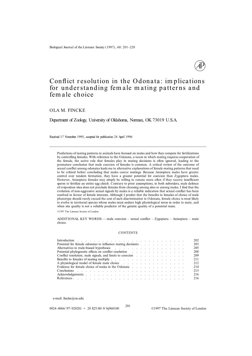 Conflict Resolution in the Odonata: Implications for Understanding Female Mating Patterns and Female Choice