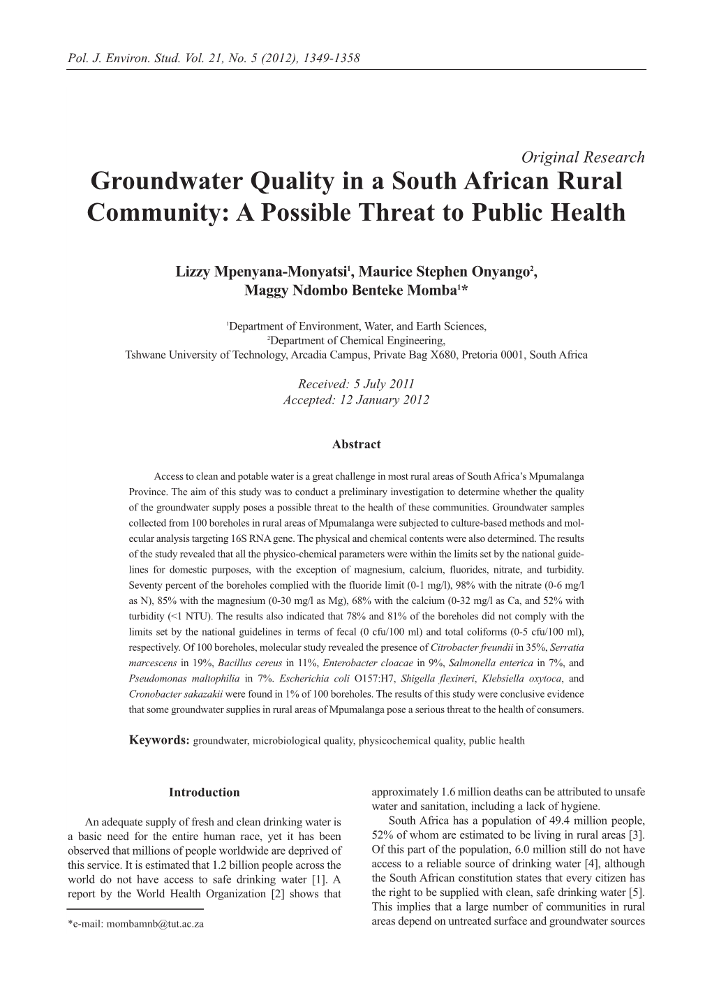 Groundwater Quality in a South African Rural Community: a Possible Threat to Public Health