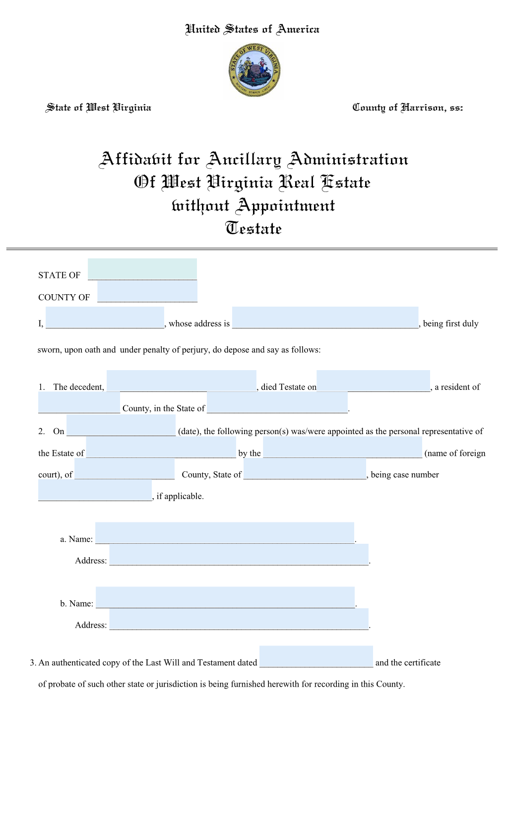 Affidavit for Ancillary Administration of West Virginia Real Estate Without