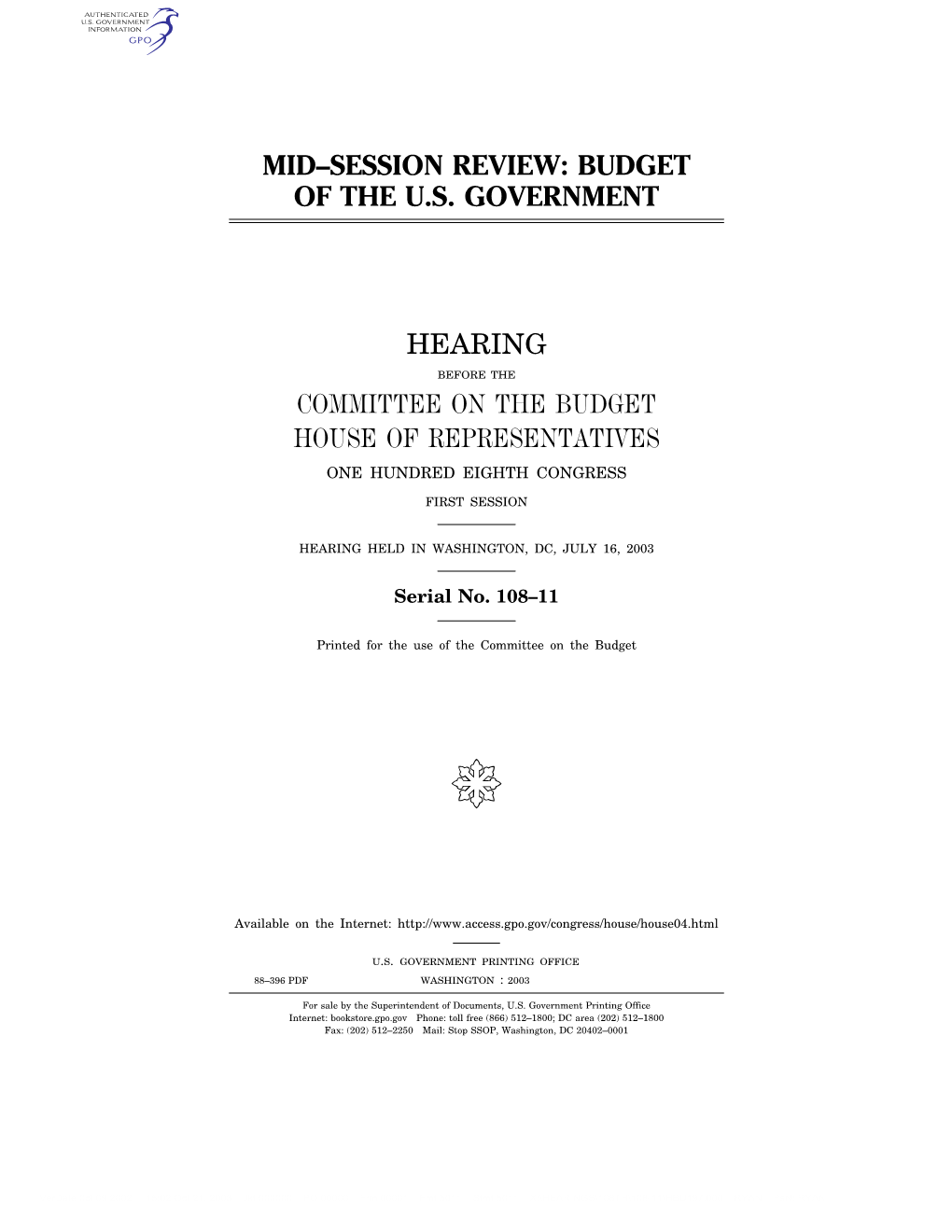 Mid–Session Review: Budget of the Us