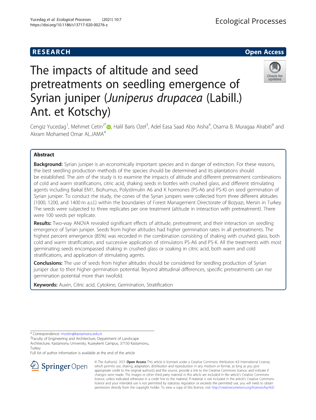 The Impacts of Altitude and Seed Pretreatments on Seedling Emergence of Syrian Juniper (Juniperus Drupacea (Labill.) Ant