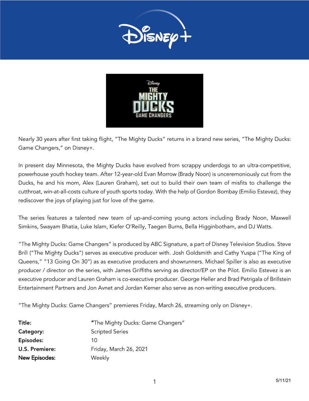 The Mighty Ducks” Returns in a Brand New Series, “The Mighty Ducks: Game Changers,” on Disney+