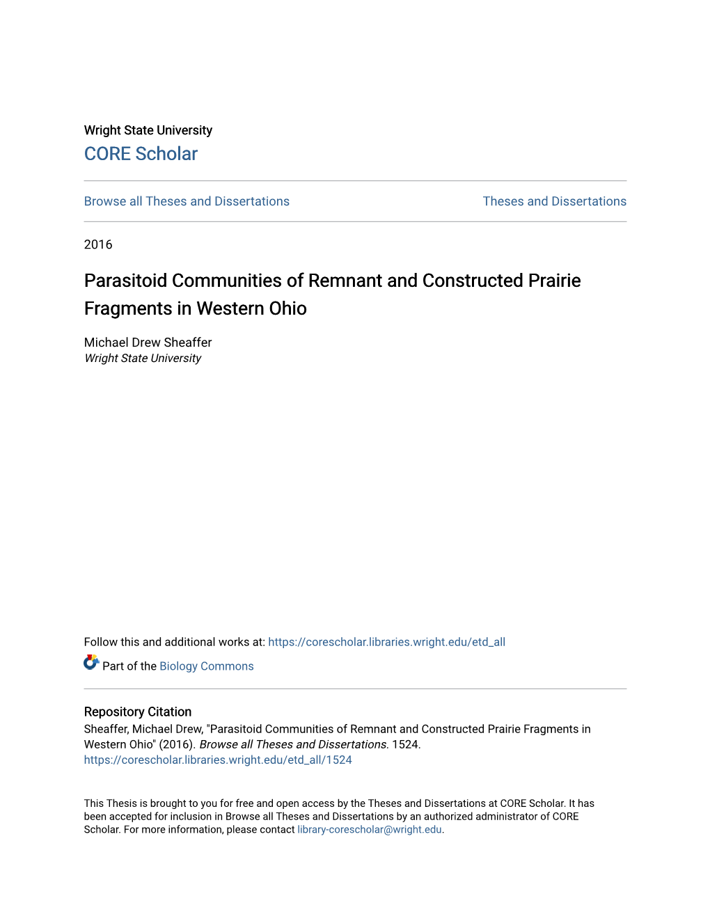 Parasitoid Communities of Remnant and Constructed Prairie Fragments in Western Ohio