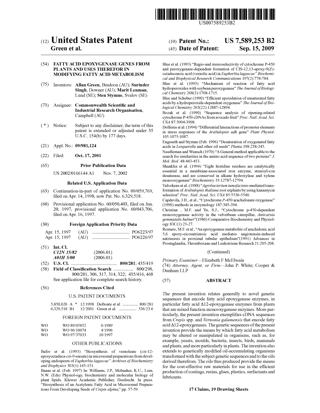 (12) United States Patent (10) Patent No.: US 7,589.253 B2 Green Et Al