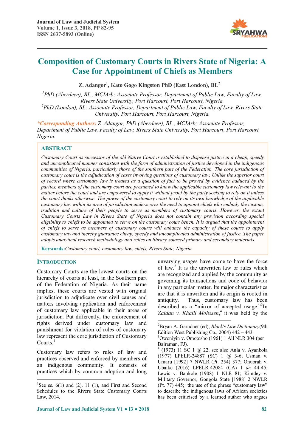 Composition of Customary Courts in Rivers State of Nigeria: a Case for Appointment of Chiefs As Members