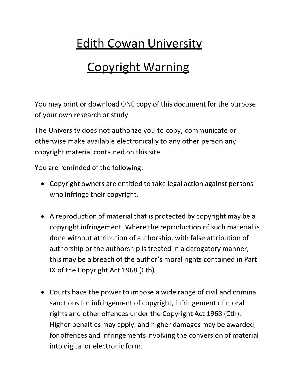 Edith Cowan University Copyright Warning