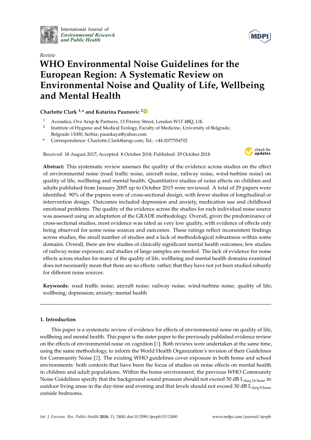 A Systematic Review on Environmental Noise and Quality of Life, Wellbeing and Mental Health