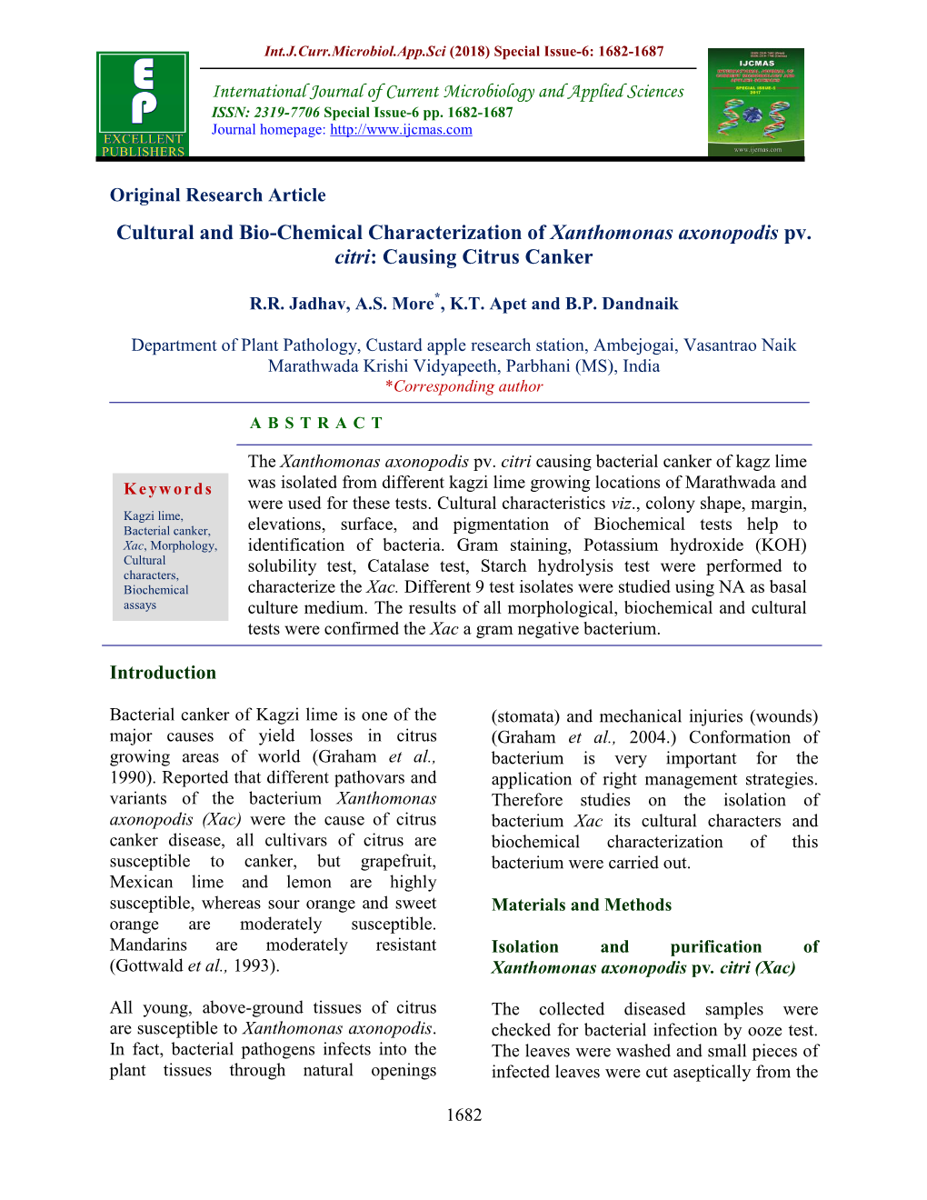 Cultural and Bio-Chemical Characterization of Xanthomonas Axonopodis Pv. Citri: Causing Citrus Canker