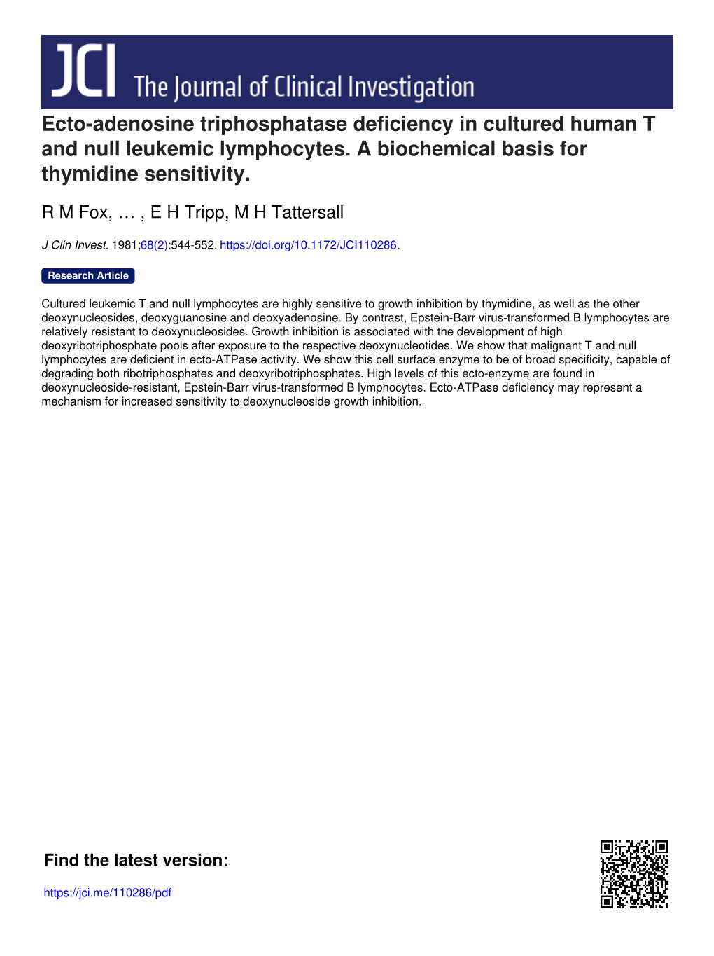 Ecto-Adenosine Triphosphatase Deficiency in Cultured Human T and Null Leukemic Lymphocytes