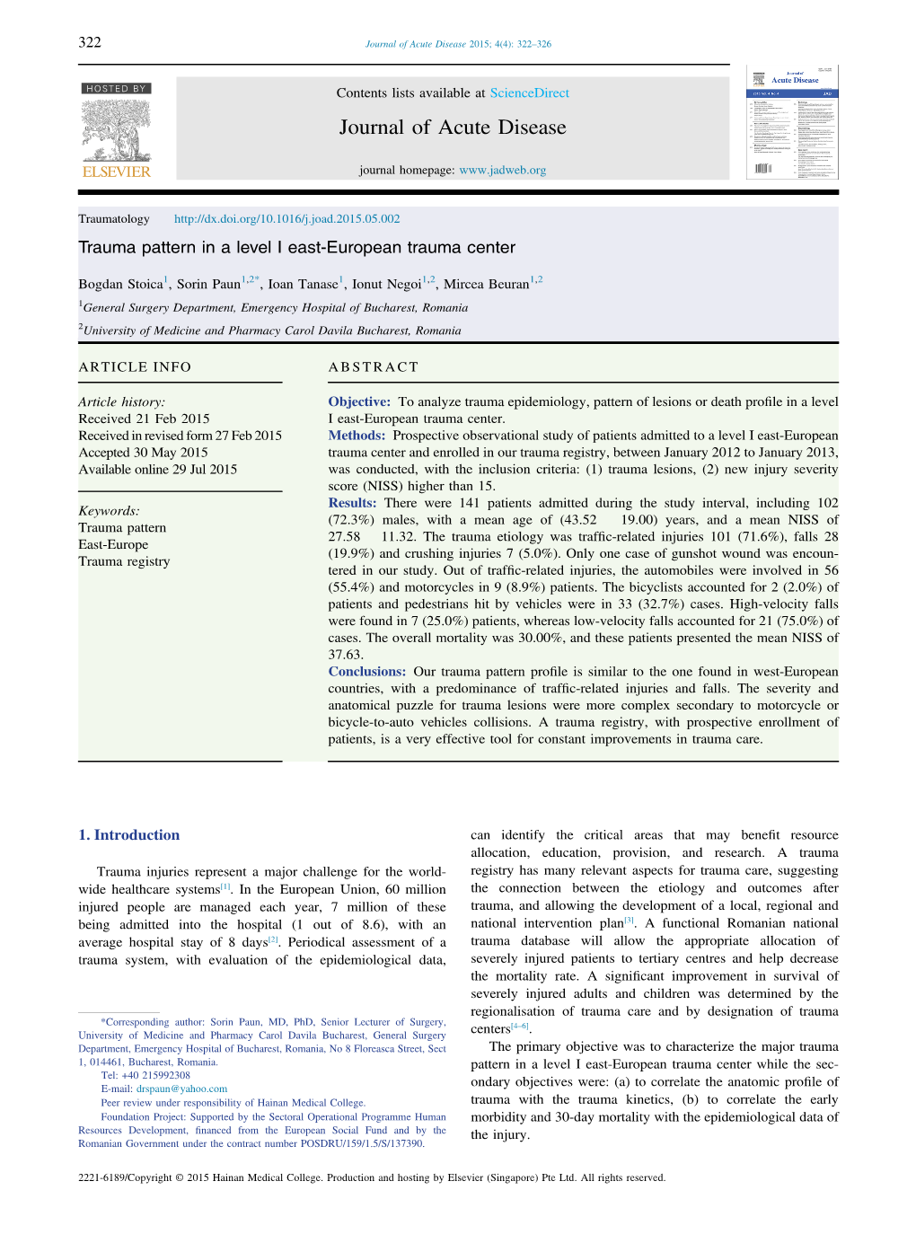 Trauma Pattern in a Level I East-European Trauma Center